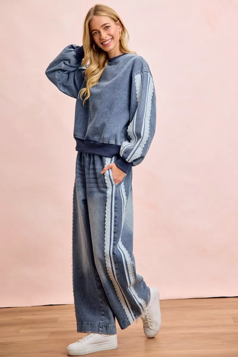 BiBi Washed Denim Lace Contrast Sided Sweatshirt, image 14