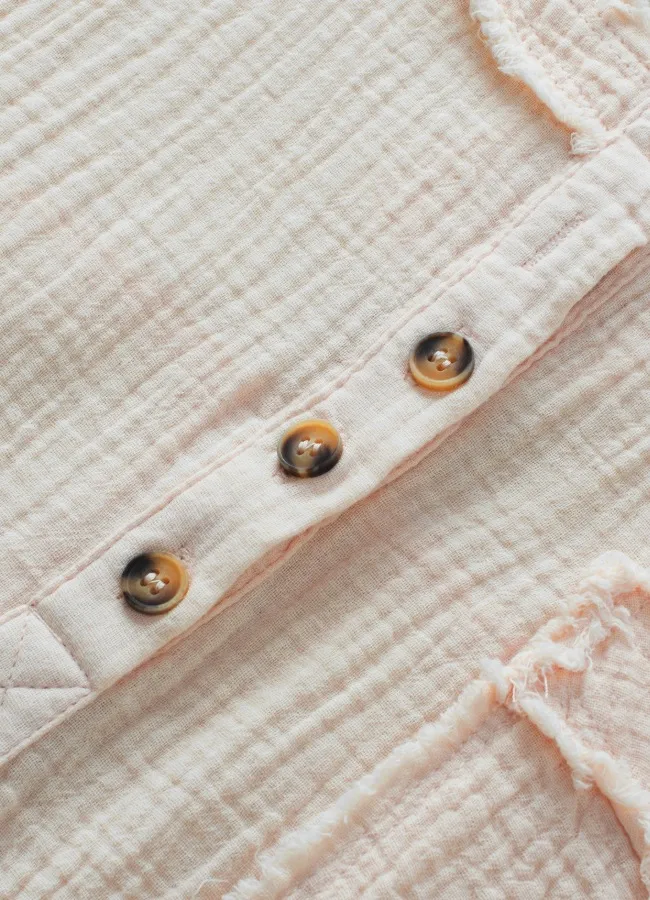 Textured Frayed Trim Half Button Short Sleeve Top, image 5