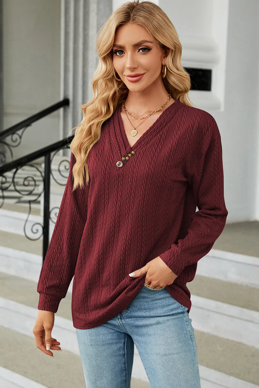 Decorative Button V-Neck Long Sleeve T-Shirt, image 2