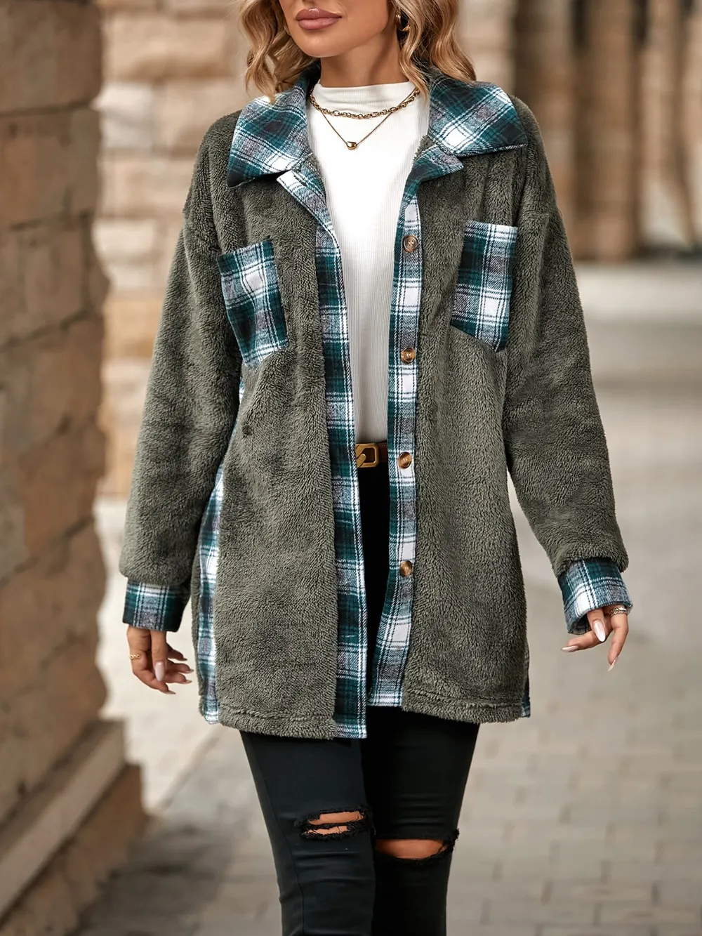 Plaid Contrast Dropped Shoulder Coat, image 11