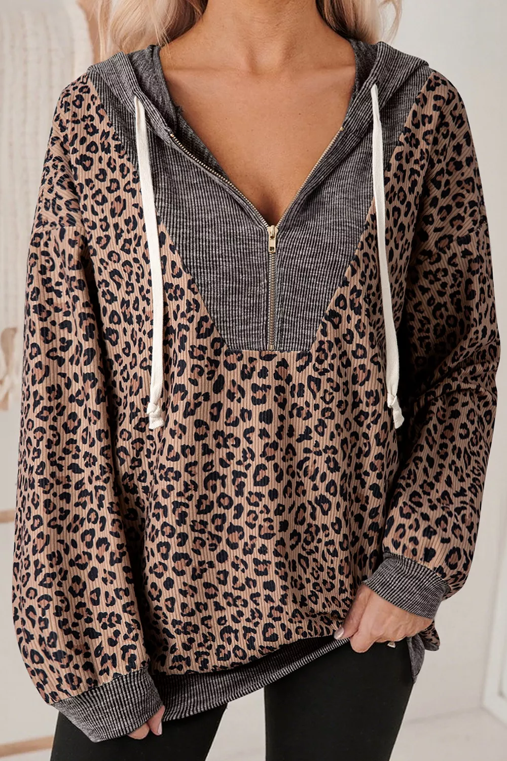 Leopard Print Quarter-Zip Hoodie, image 2