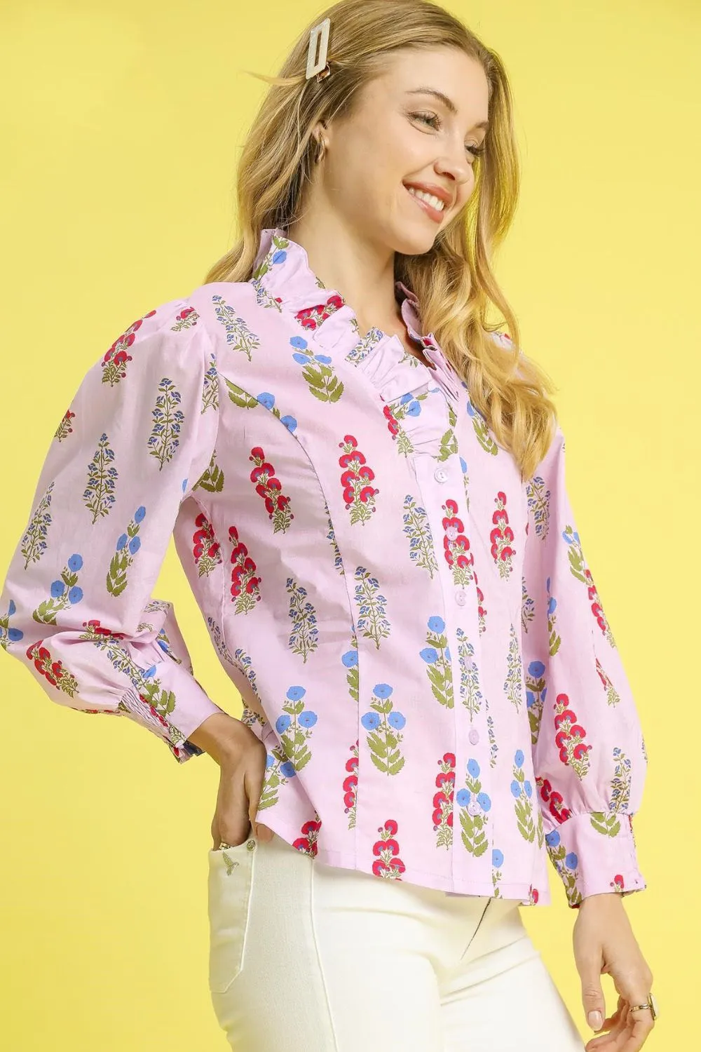 Floral Print Lantern Sleeve Button Down Shirt, image 4