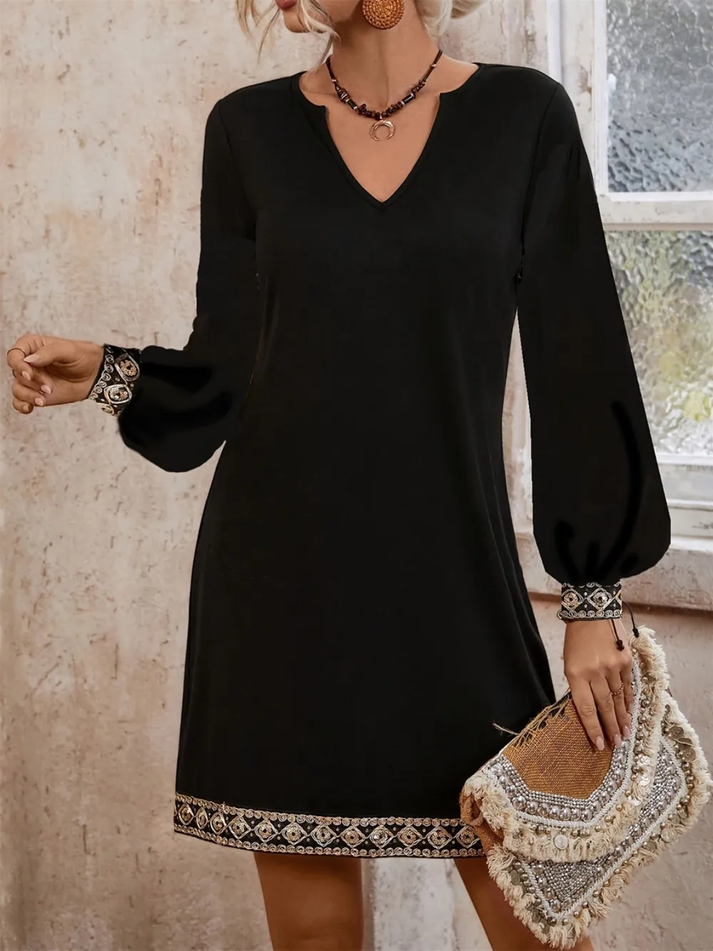 Embroidered Notched Long Sleeve Mini Dress, image 4