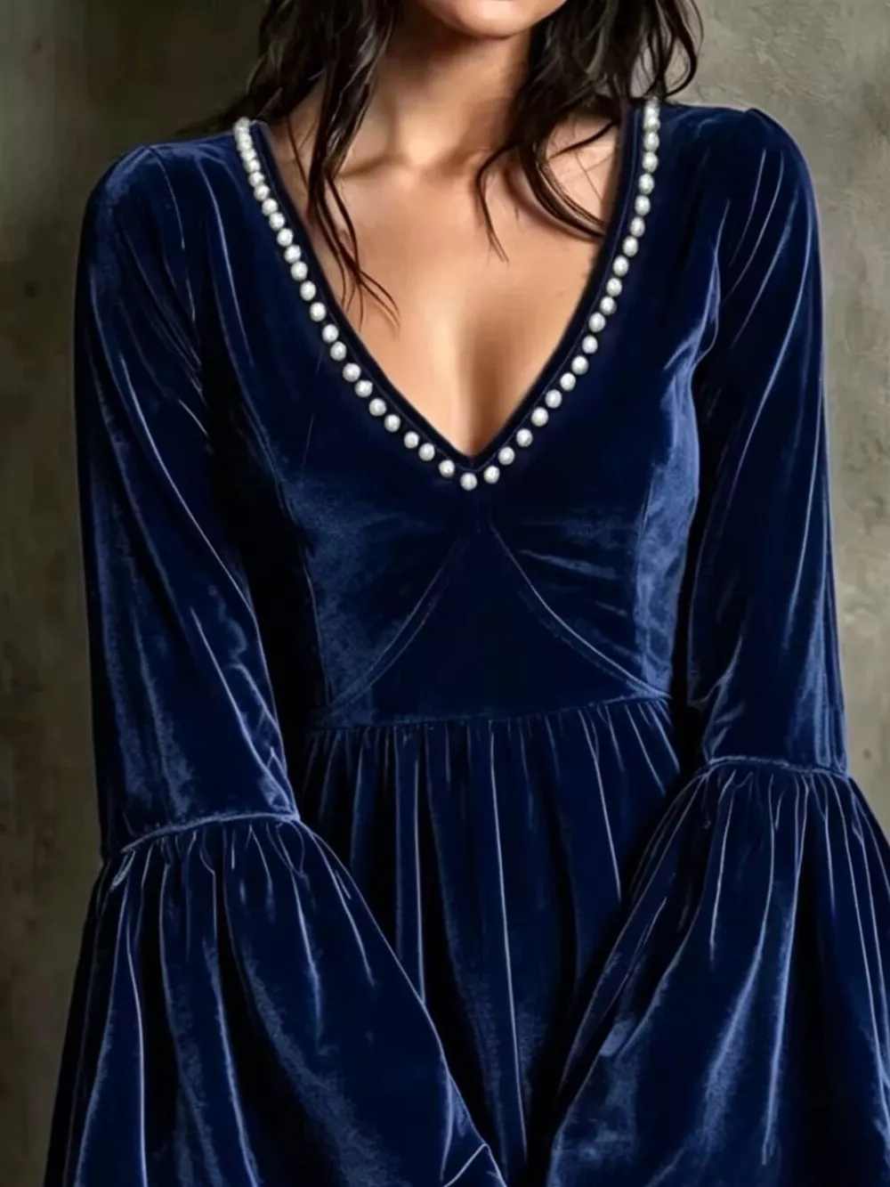 Full Size Velvet Bell-Sleeve Mini Dress with Pearl Embellished V-Neck Plus Size, image 10