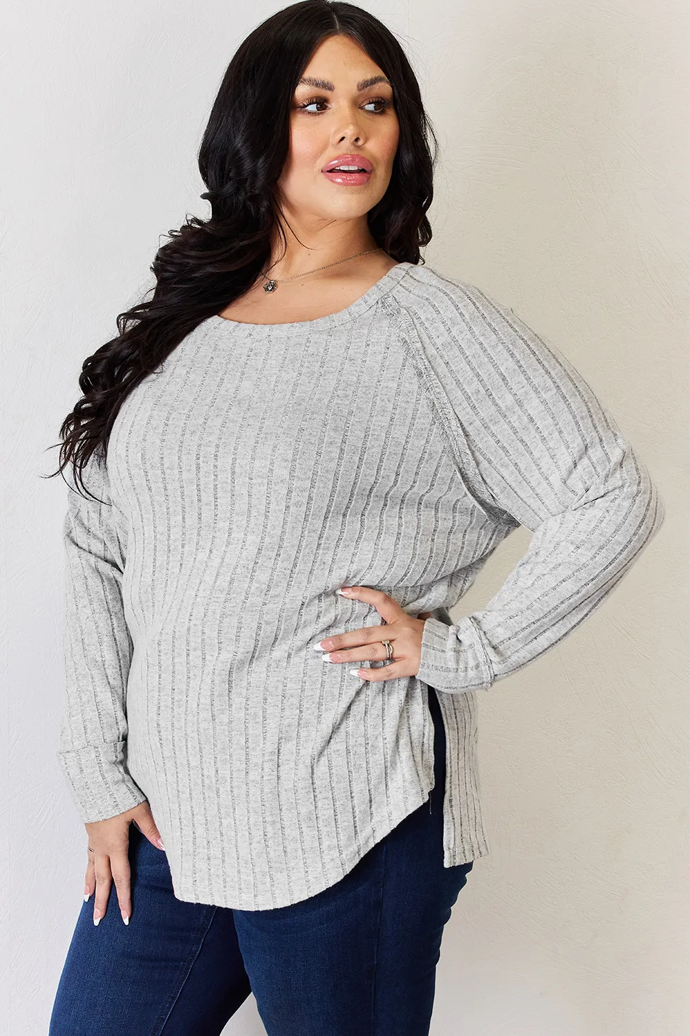 Full Size Ribbed Round Neck Slit T-Shirt, image 13