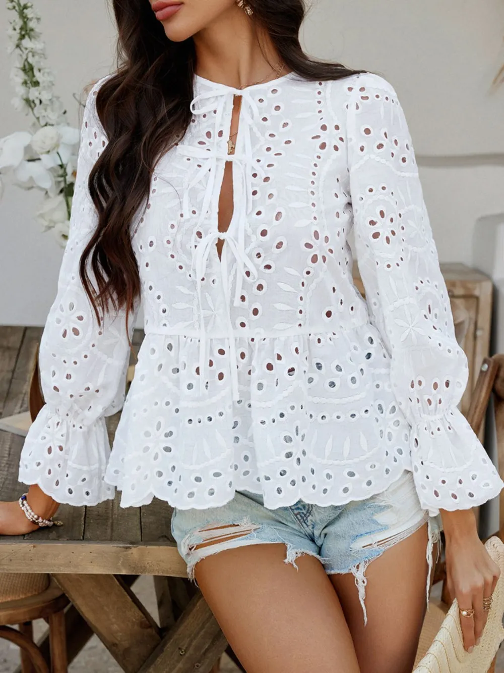 Tie Front Flounce Sleeve Peplum Blouse, image 15