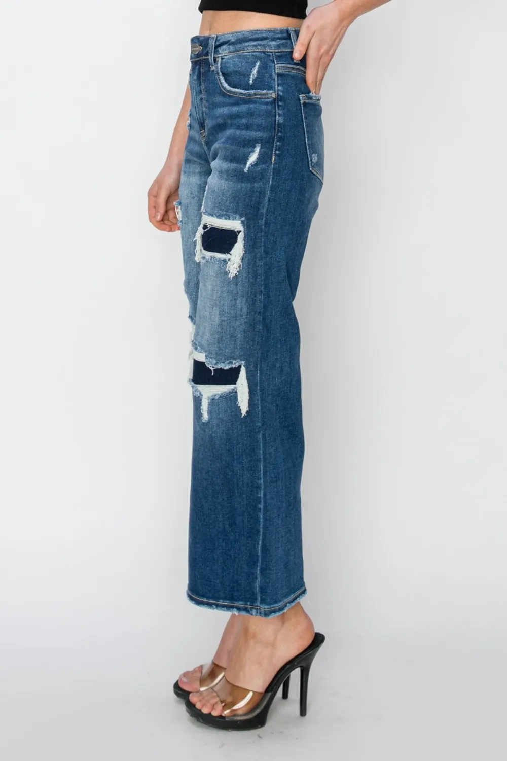 Full Size High Rise Patch Detailed Wide Leg Crop Jeans, image 3