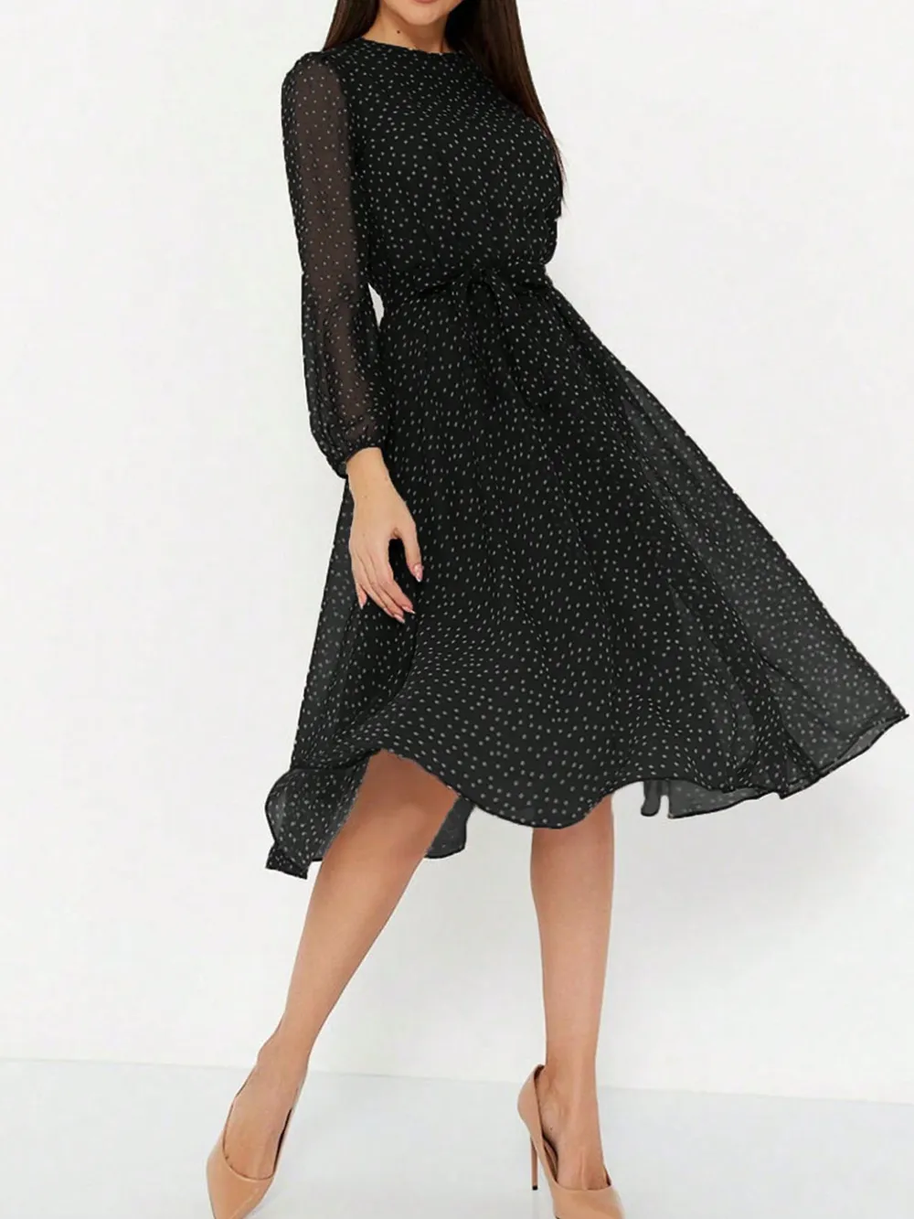 Polka Dot Long Sleeve Midi Dress, image 2