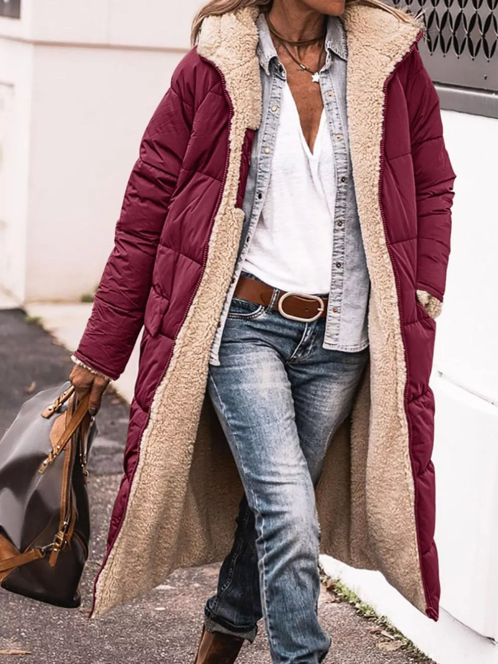 Full Size Longline Sherpa-Lined Hooded Outerwear Plus Size, image 4