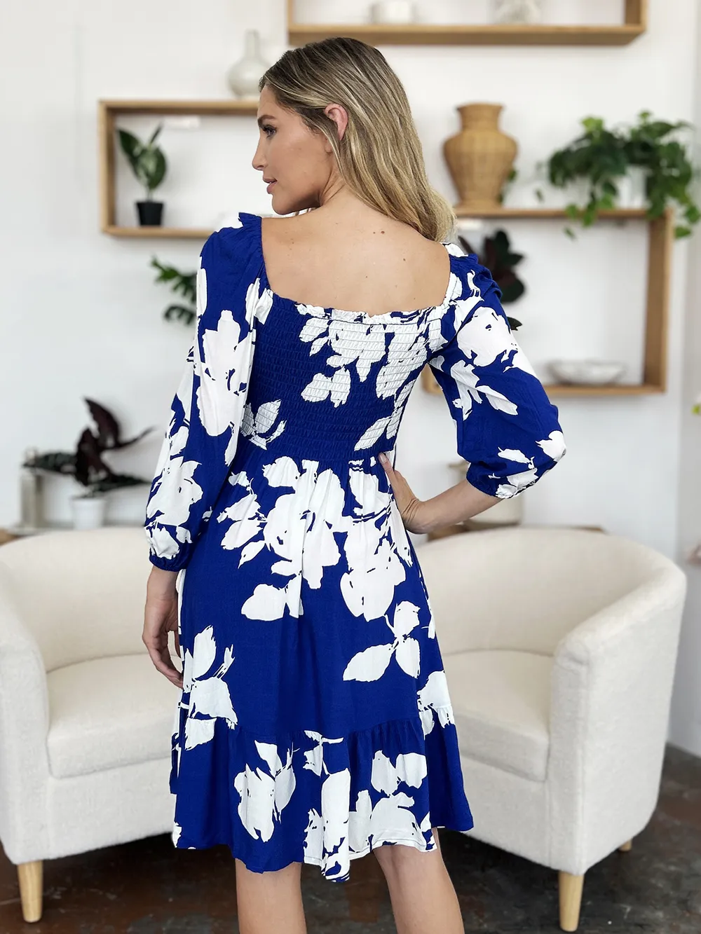 Full Size Floral Ruffle Hem Smocked Dress with Pockets, image 8