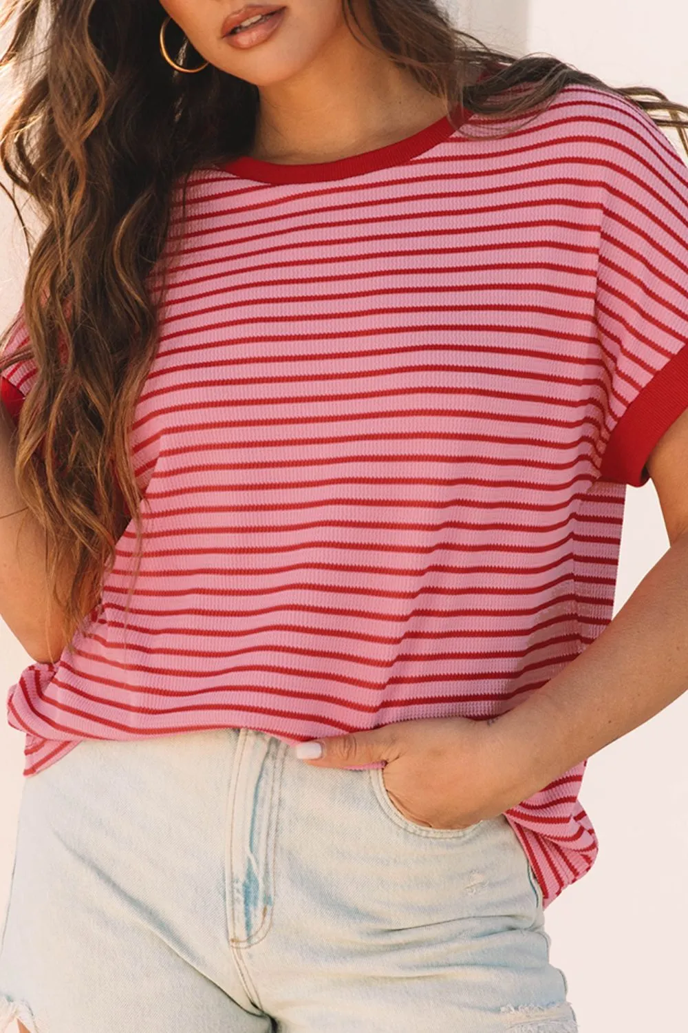 Contrast Striped Round Neck Short Sleeve T-Shirt, image 10
