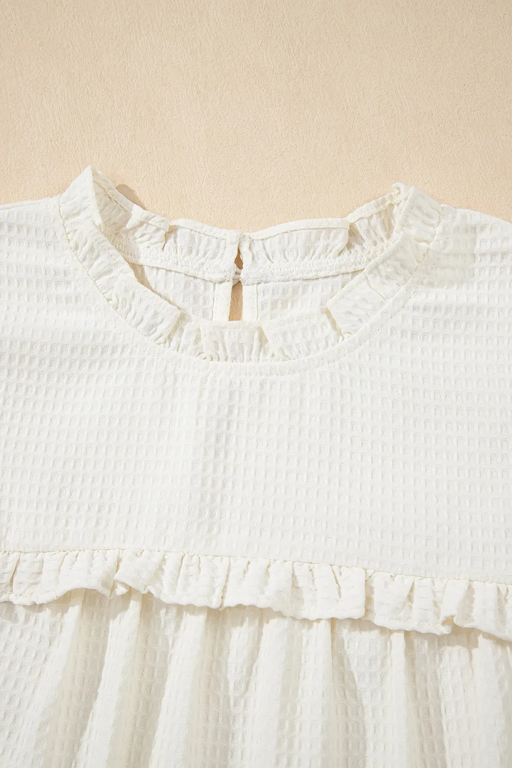 Solid Color Ruffle Trim Waffle Knit Blouse, image 5