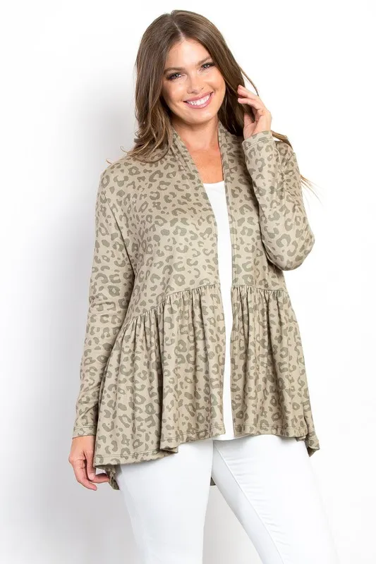Full Size Peplum Leopard Open Front Long Sleeve Cardigan, image 3