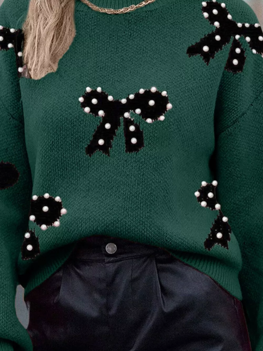 Pearl Bow-Embellished Long Sleeve Sweater, image 3