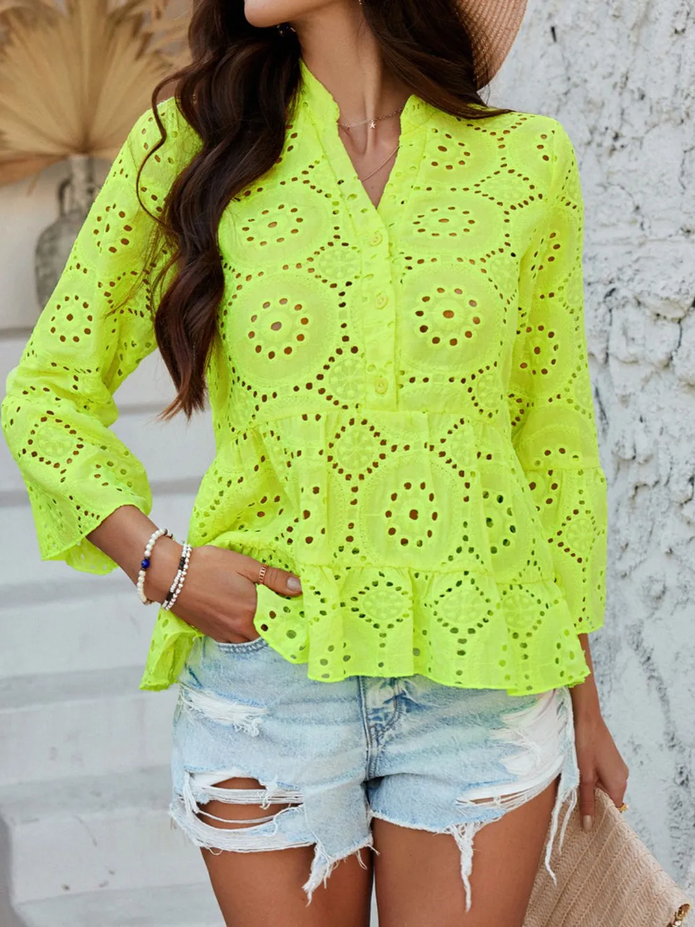 Half Button Flounce Sleeve Peplum Blouse, image 21