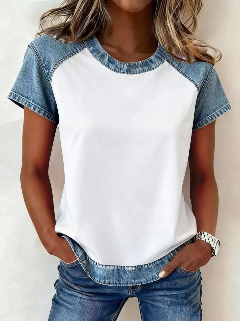Denim Patchwork Short Sleeve Blouse, image 5