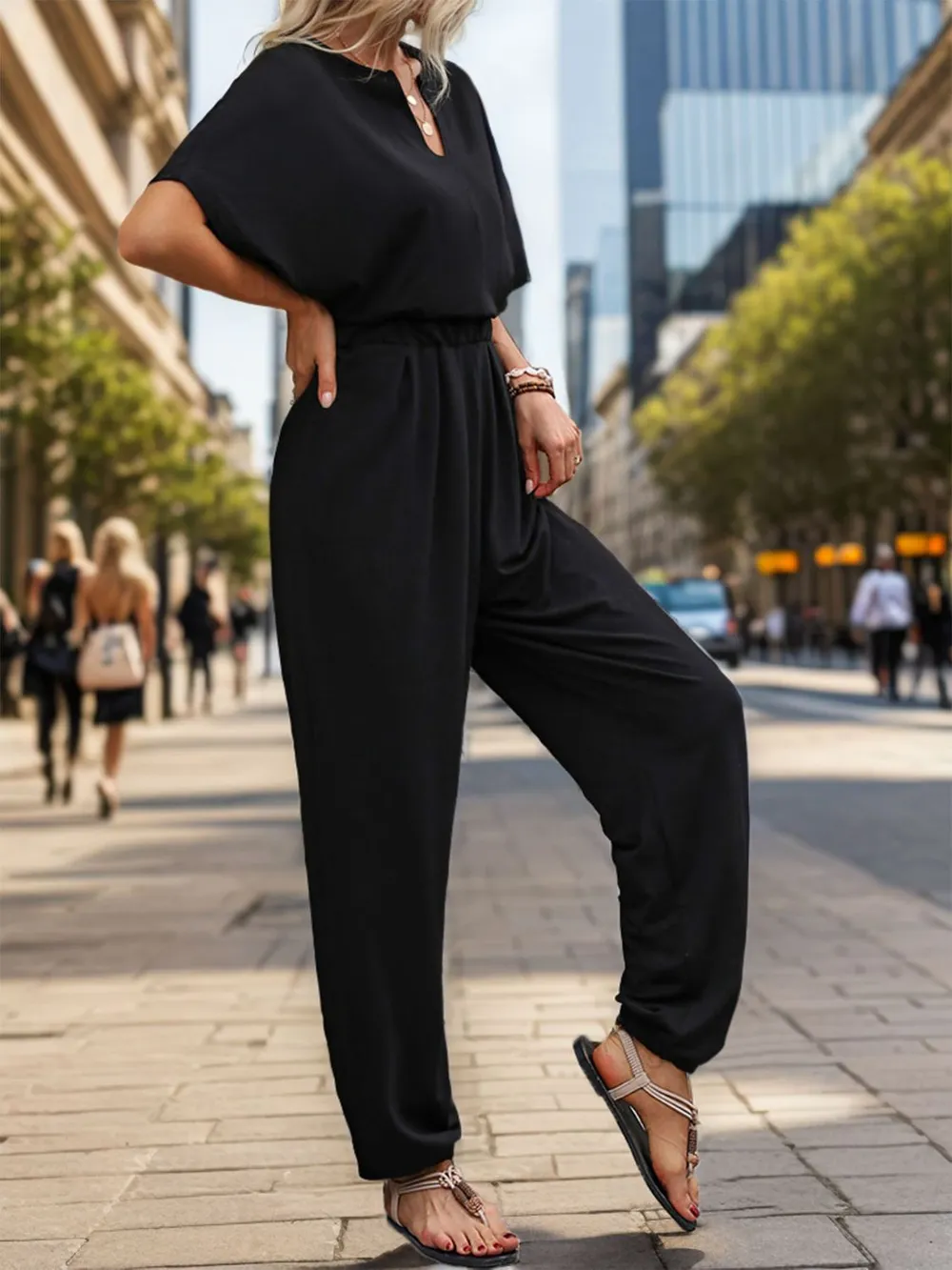 Notched Half Sleeve Straight Jumpsuit, image 3