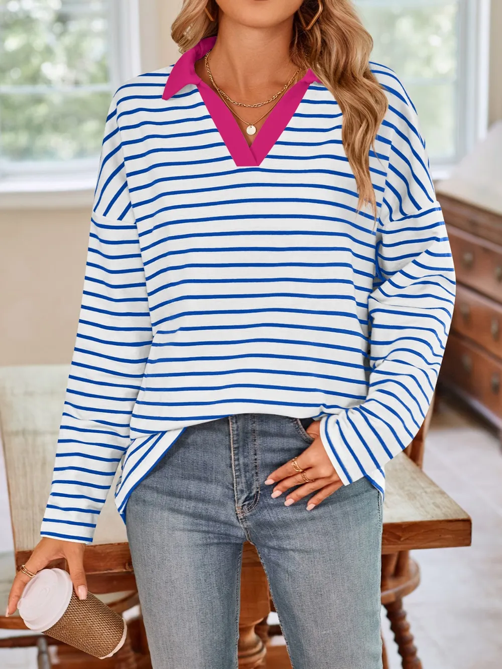 Striped Johnny Collar Long Sleeve T-Shirt, image 7