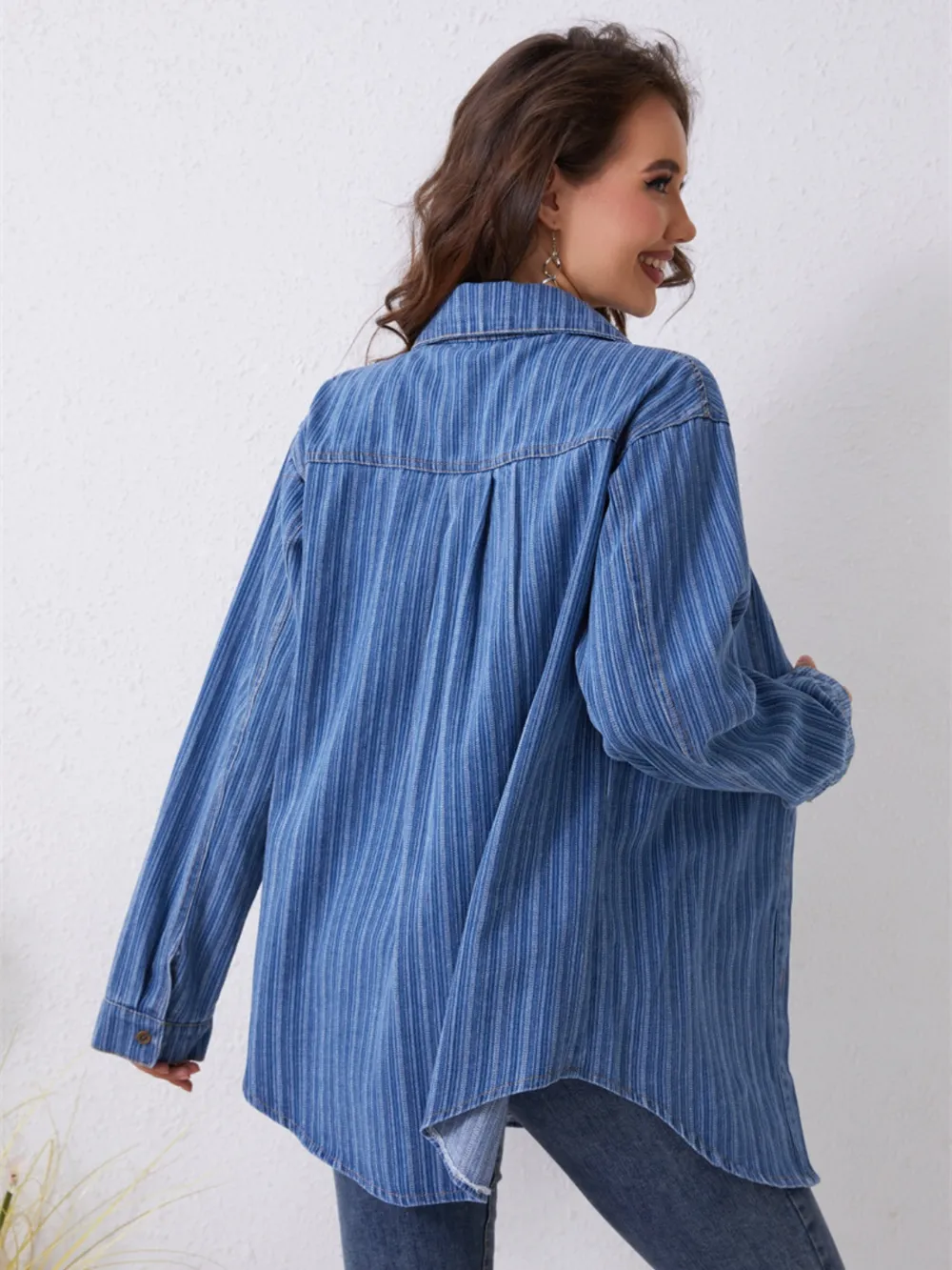 Pocketed Striped Button Up Denim Shirt, image 2