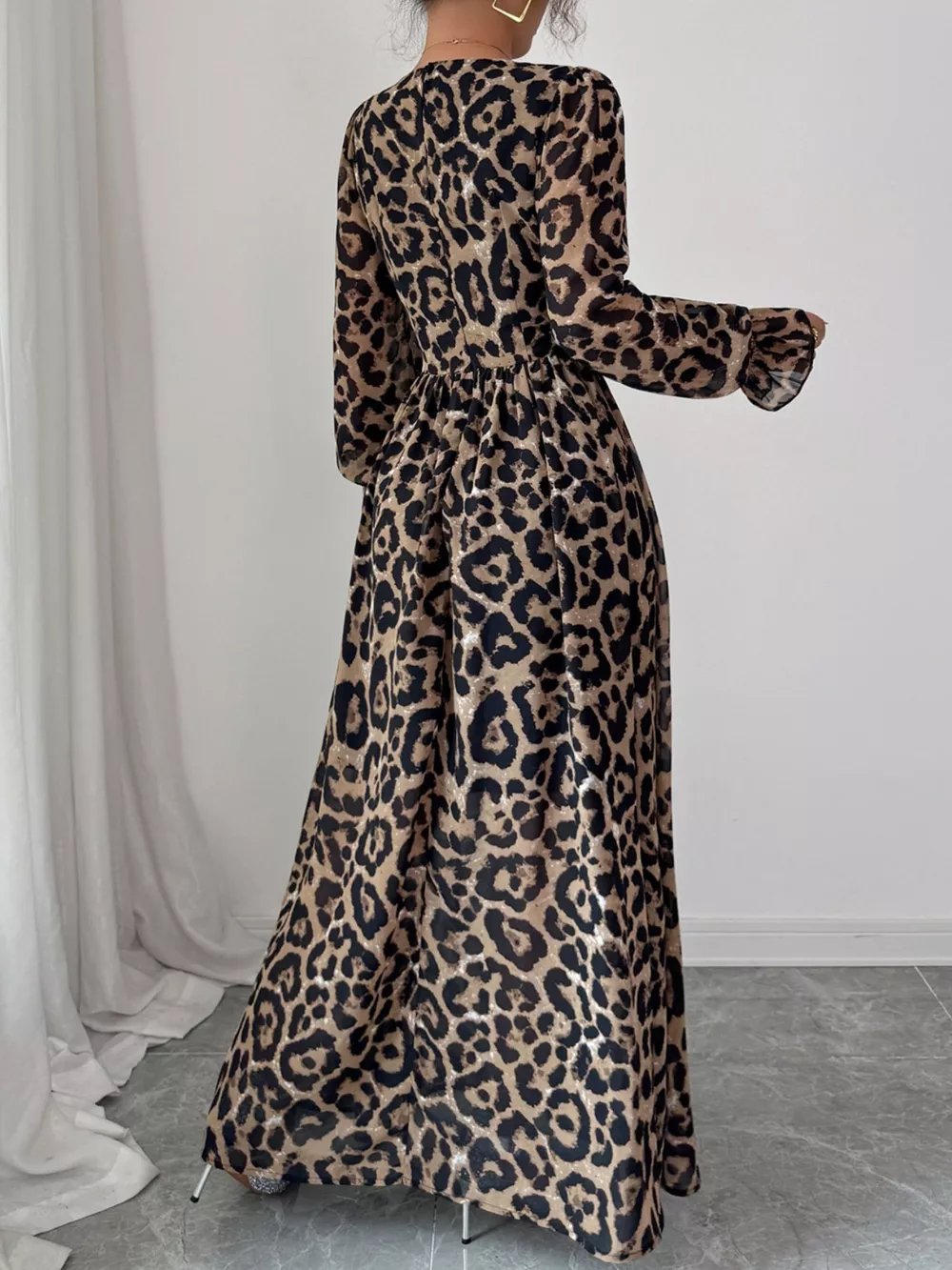 Leopard Sweetheart Neck Flounce Sleeve Maxi Dress, image 5