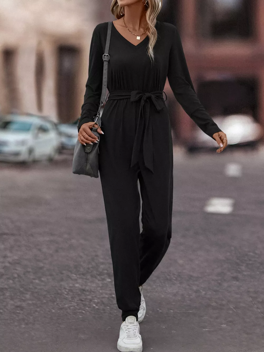 V-Neck Long Sleeve Tie Waist Jumpsuit, image 3