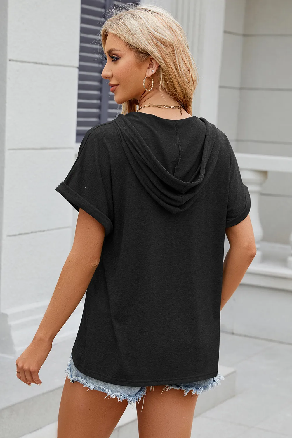 Half Button Drawstring Short Sleeve Hooded T-Shirt, image 16
