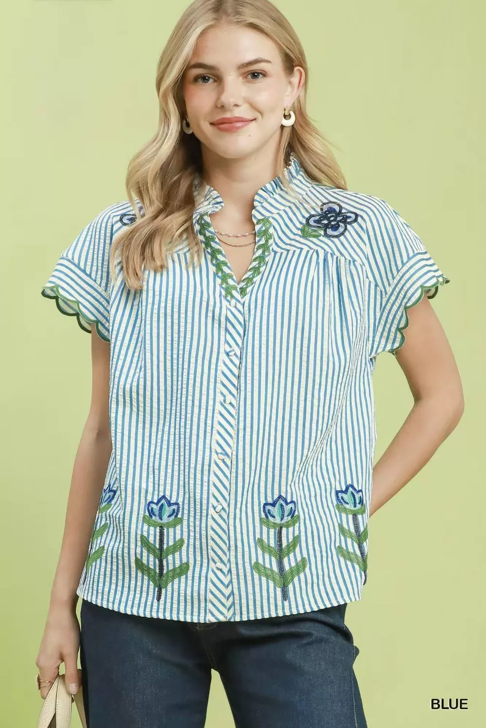 Embroidered Stripe Button Front Top