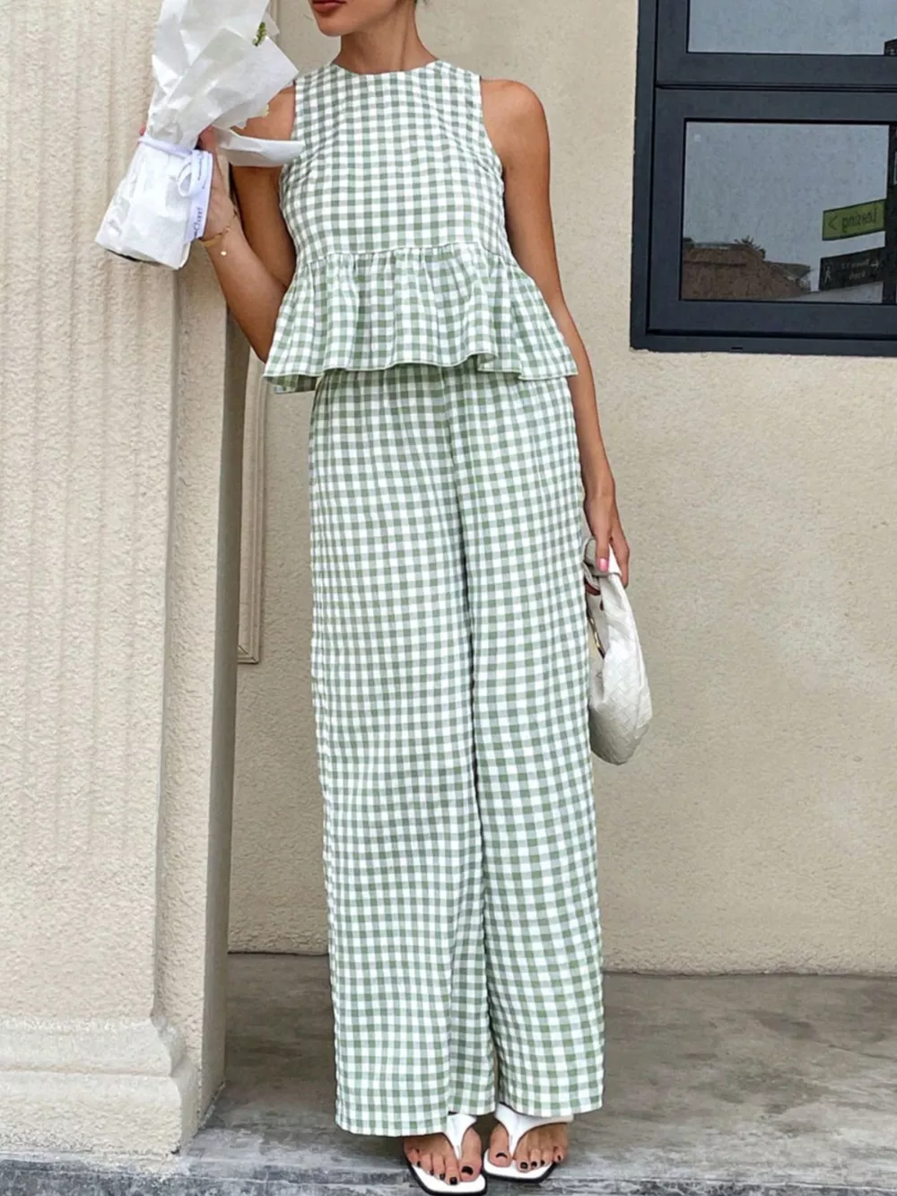 Gingham Sleeveless Top and Wide-Leg Pants Set, image 9