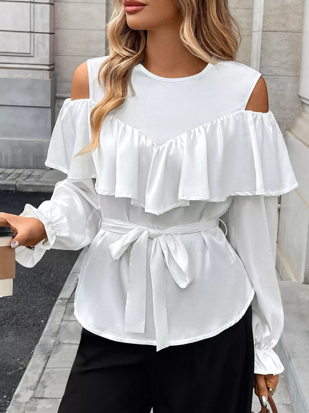 Ruffled Cold Shoulder Flounce Sleeve Blouse, image 3