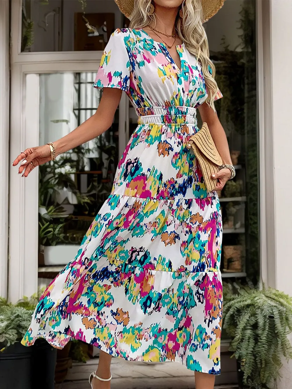 Printed Notched Short Sleeve Midi Dress, image 4