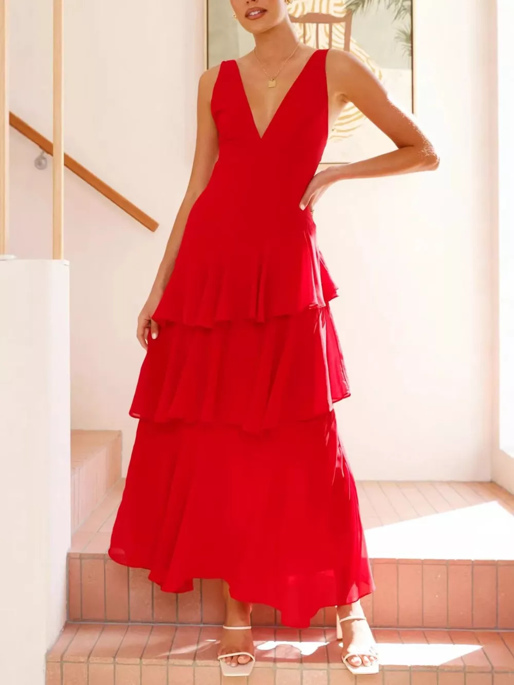 Sleeveless Ruffled Layered Backless Maxi Dress, image 6