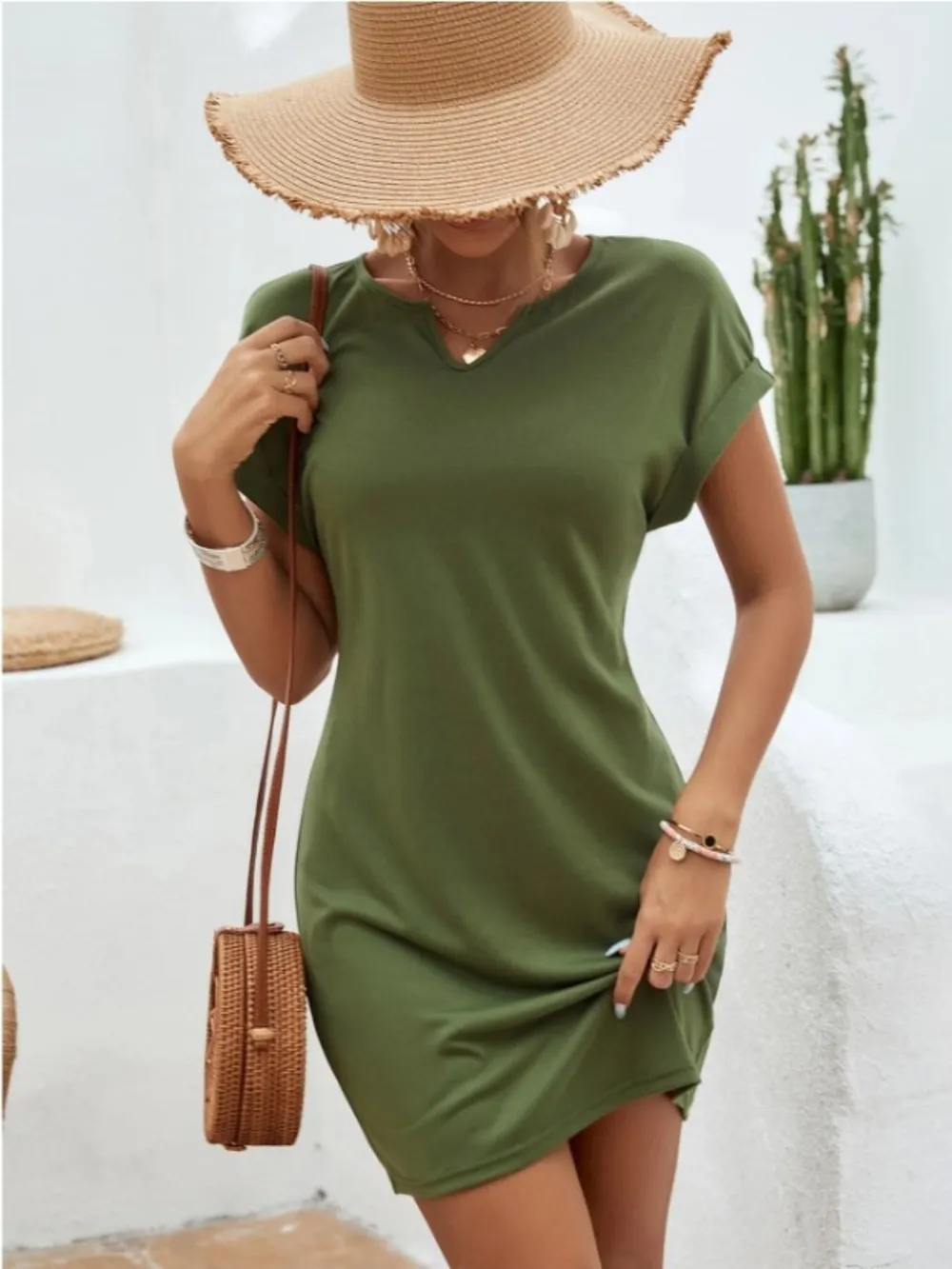 Notched Short Sleeve Mini Tee Dress, image 6