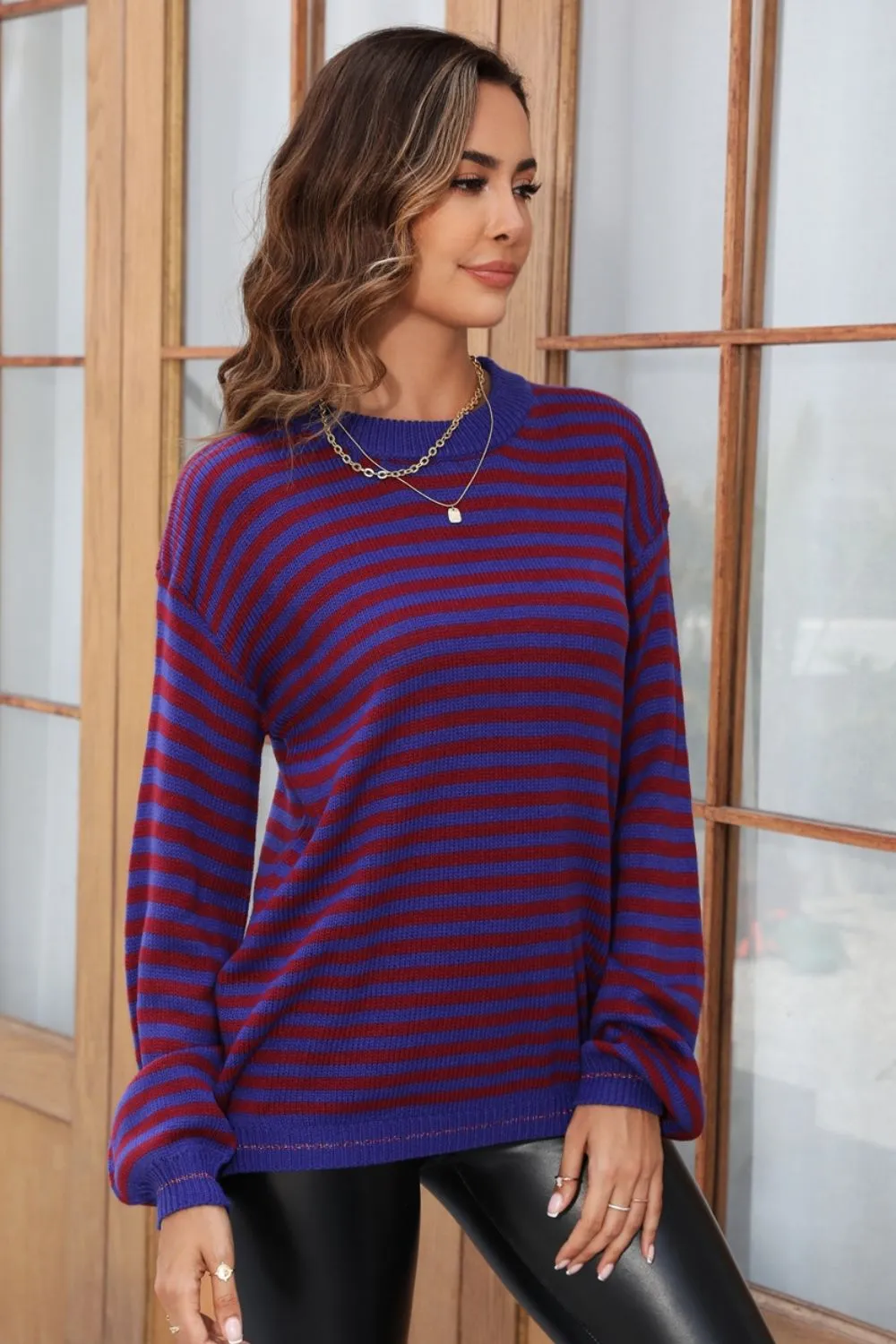 Striped Round Neck Dropped Shoulder Sweater, image 12