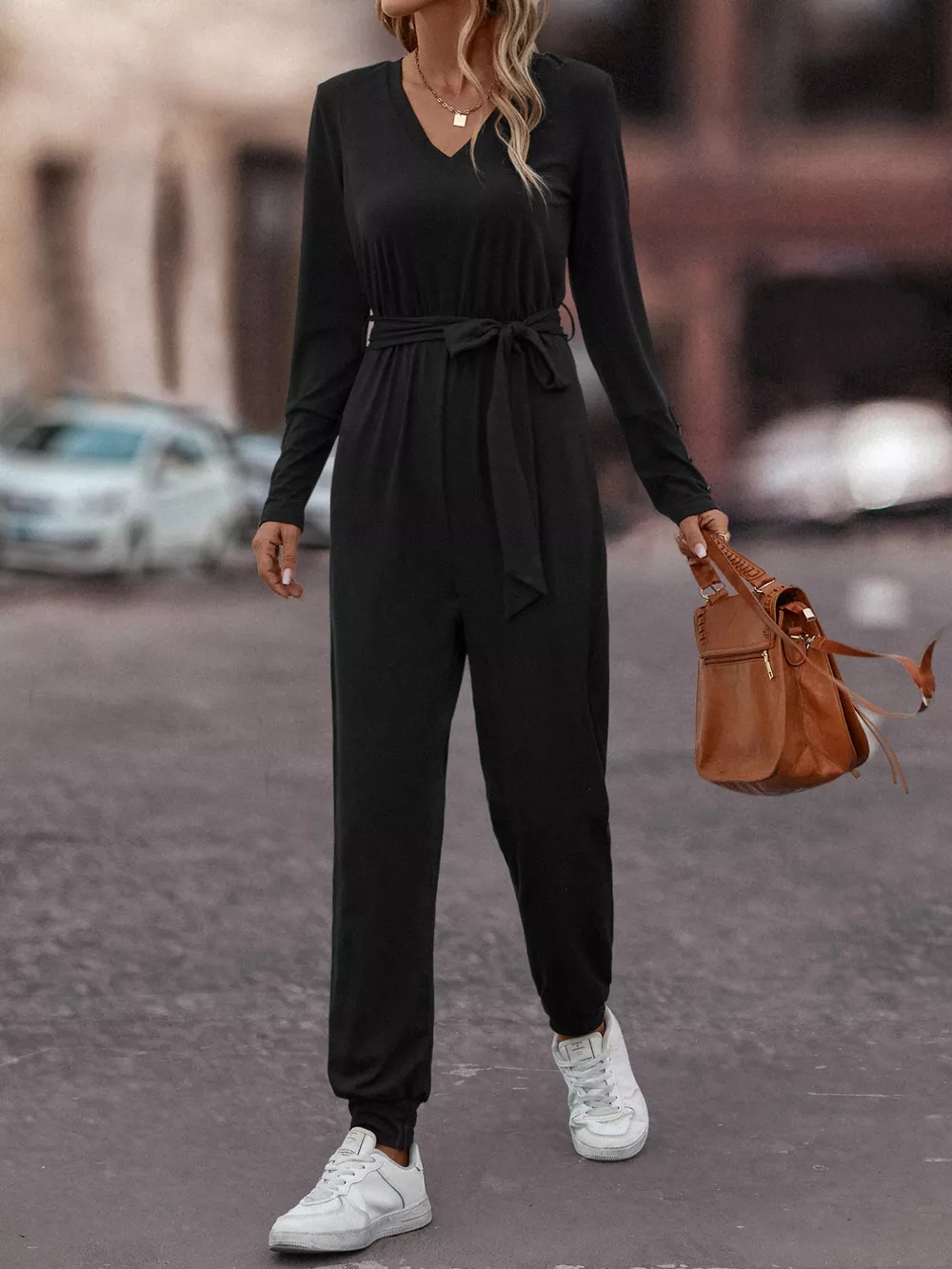 V-Neck Long Sleeve Tie Waist Jumpsuit, image 4