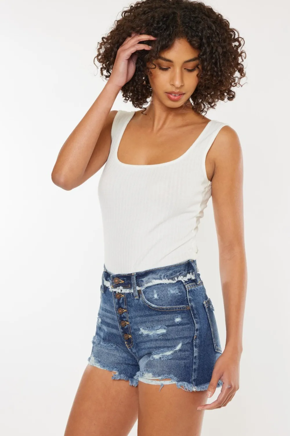 Distressed Button Fly Denim Shorts, image 6