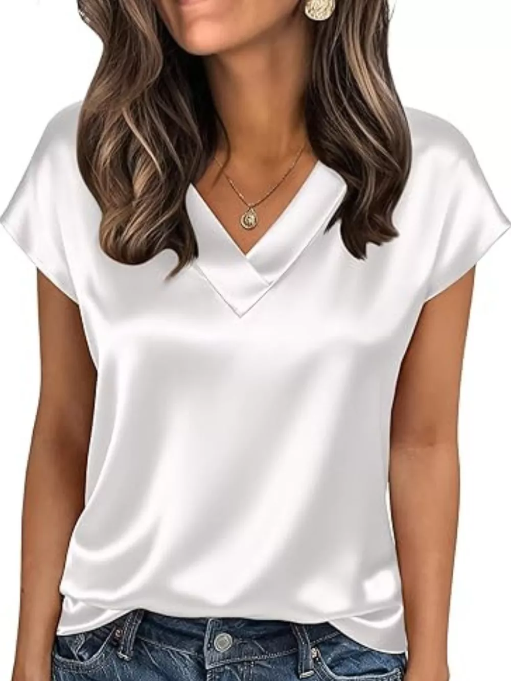 Satin V-Neck Short Sleeve Blouse, image 2