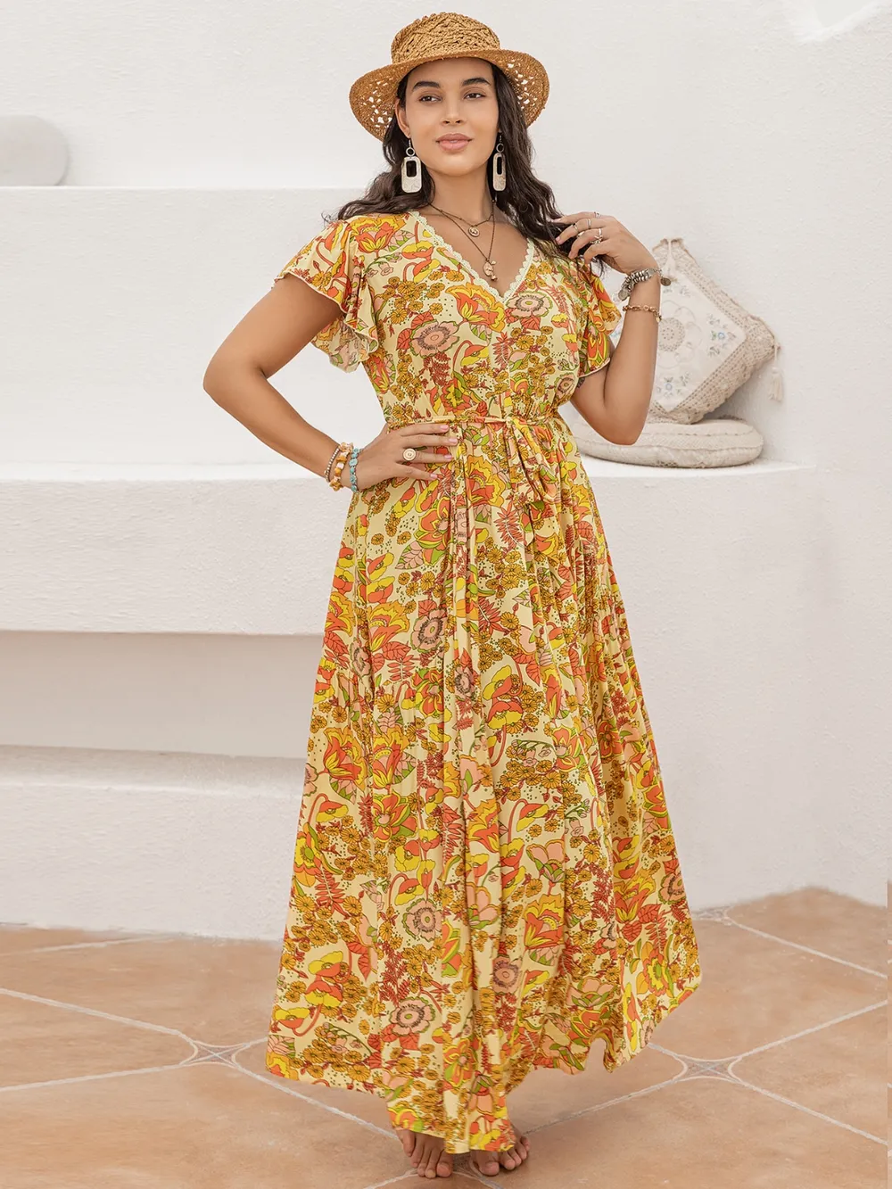 Plus Size Printed V-Neck Flutter Sleeve Tie Waist Maxi Dress, image 5