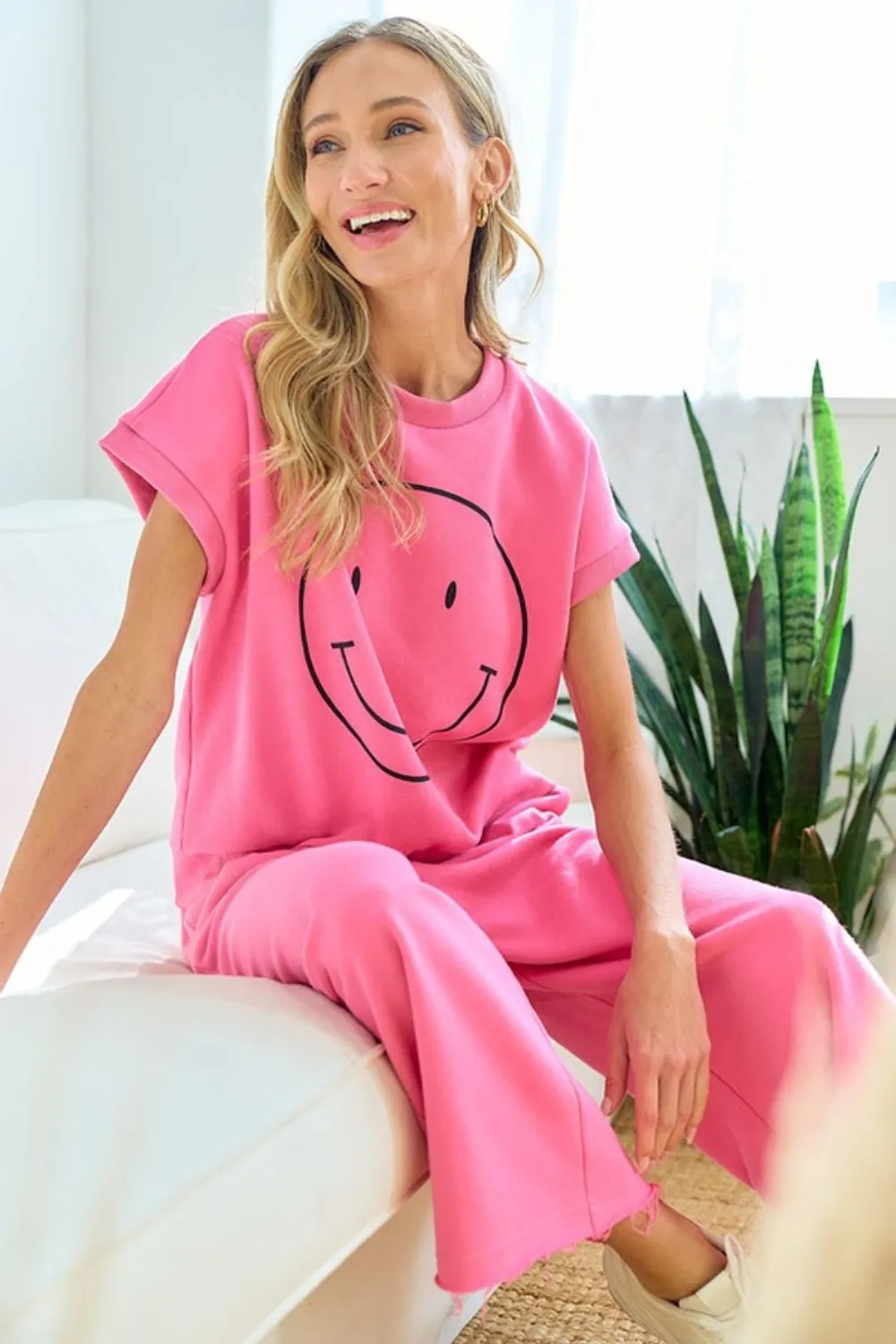 Smile Face Drop Shoulder Brushed Inside T-Shirt, image 3