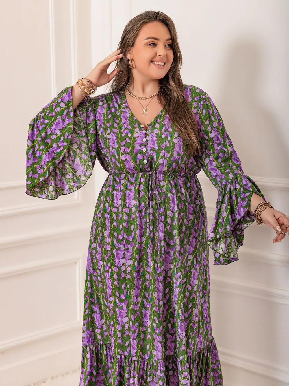 Plus Size Printed V-Neck Long Sleeve Maxi Dress, image 6