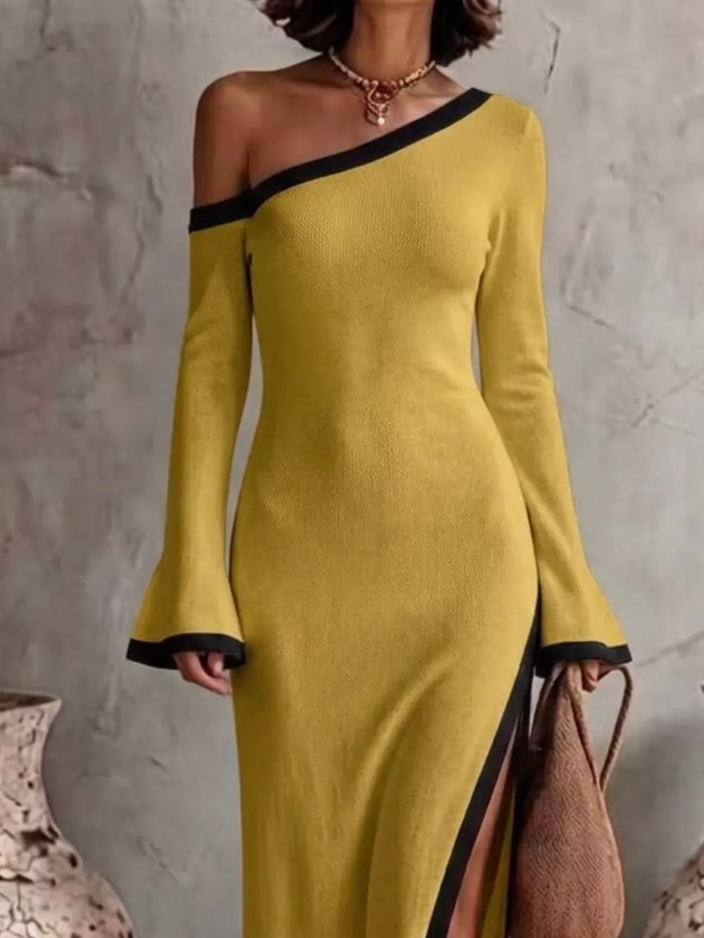 Slit One-Shoulder Contrast Trim Maxi Dress, image 7