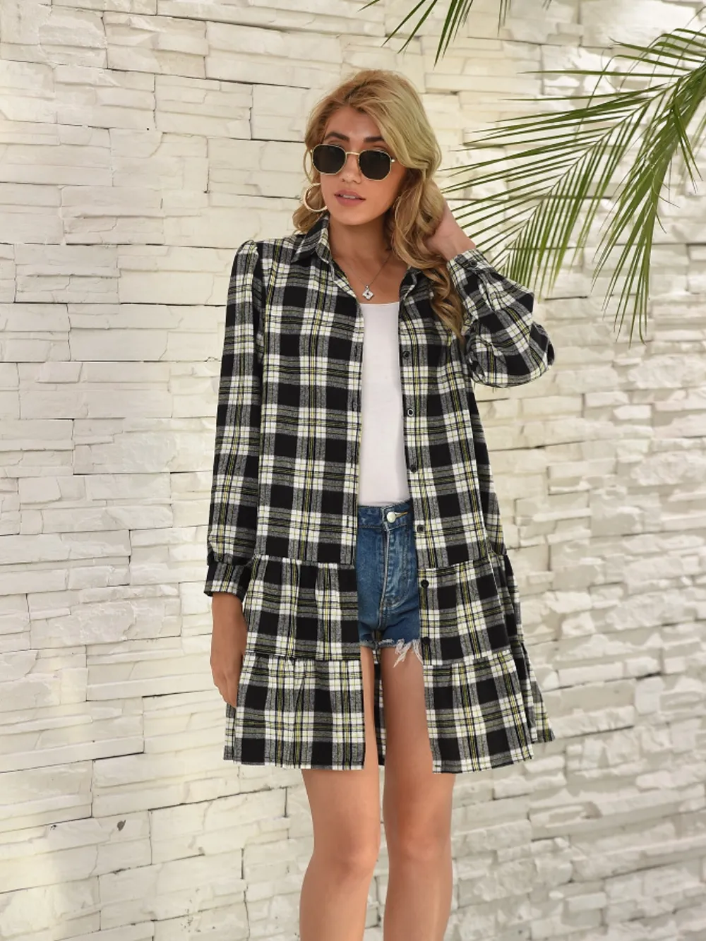 Ruffle Hem Plaid Button Down Long Sleeve Dress, image 13