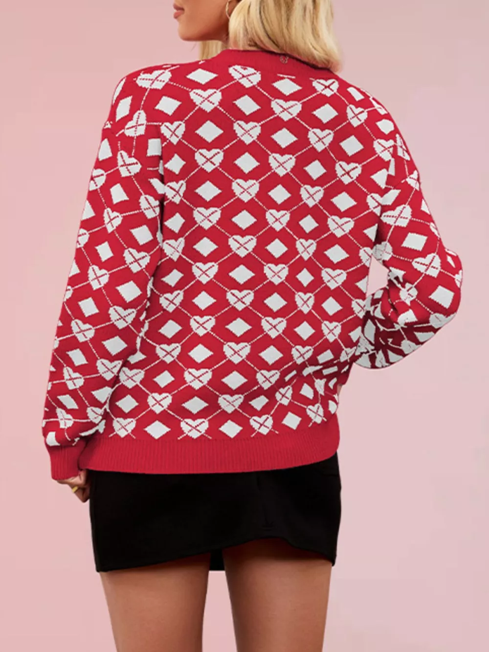 Heart Pattern Argyle Knit Long Sleeve Sweater, image 2