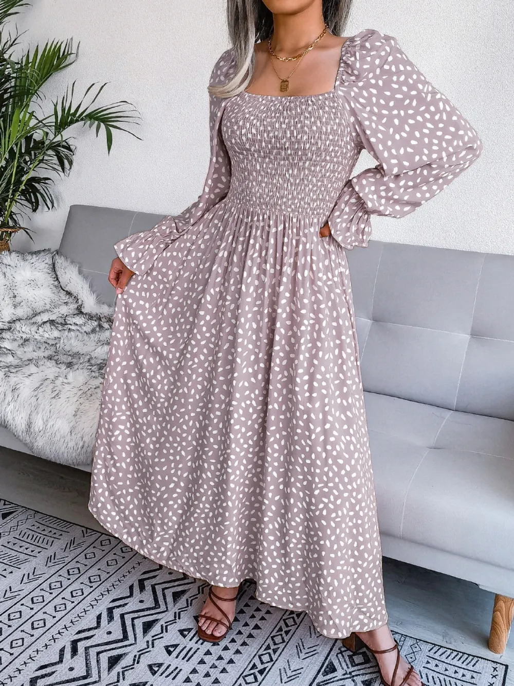 Smocked Square Neck Flounce Sleeve Dress, image 12