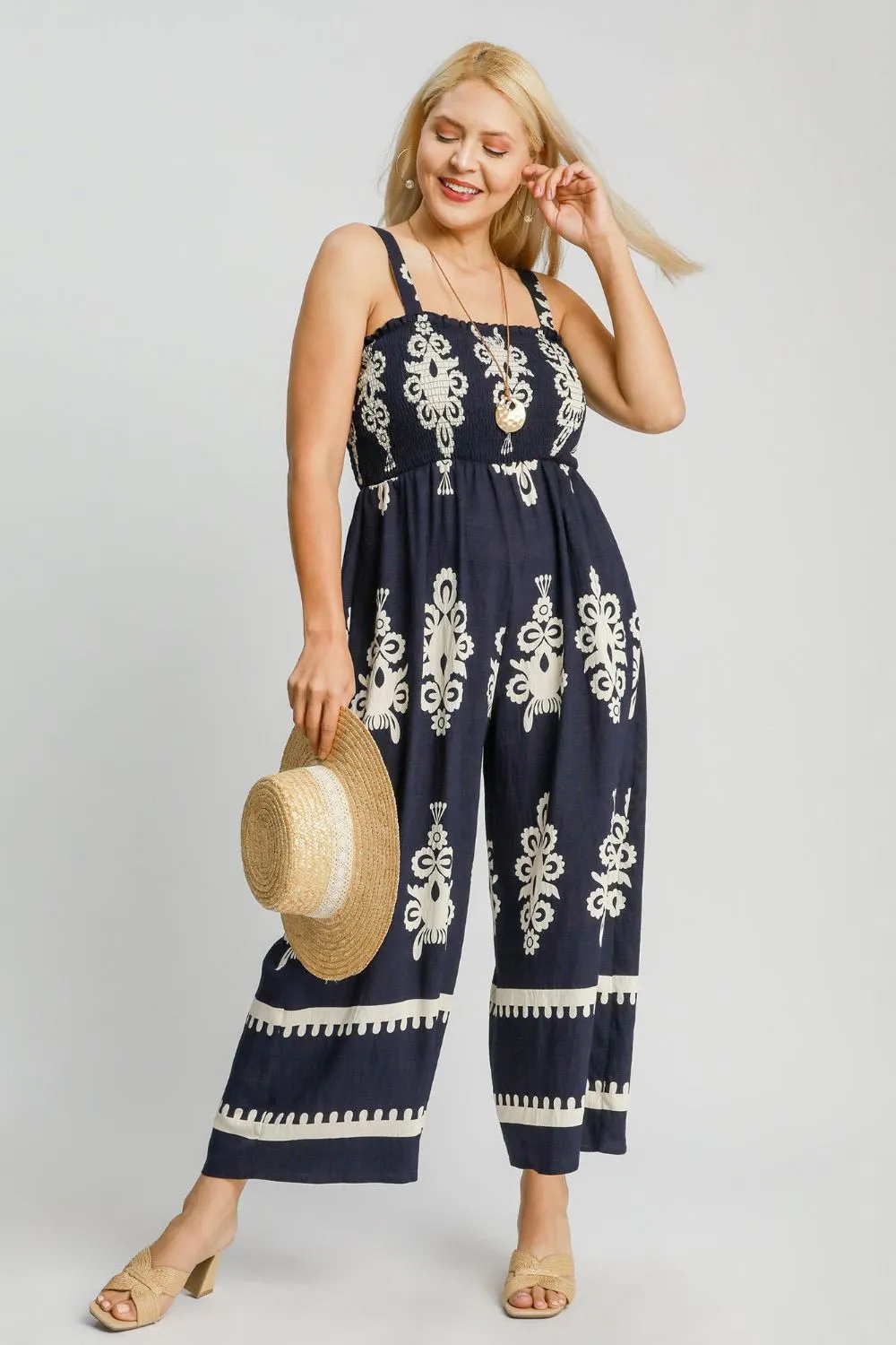 Full Size Smocked Printed Wide Leg Jumpsuit Plus Size, image 2