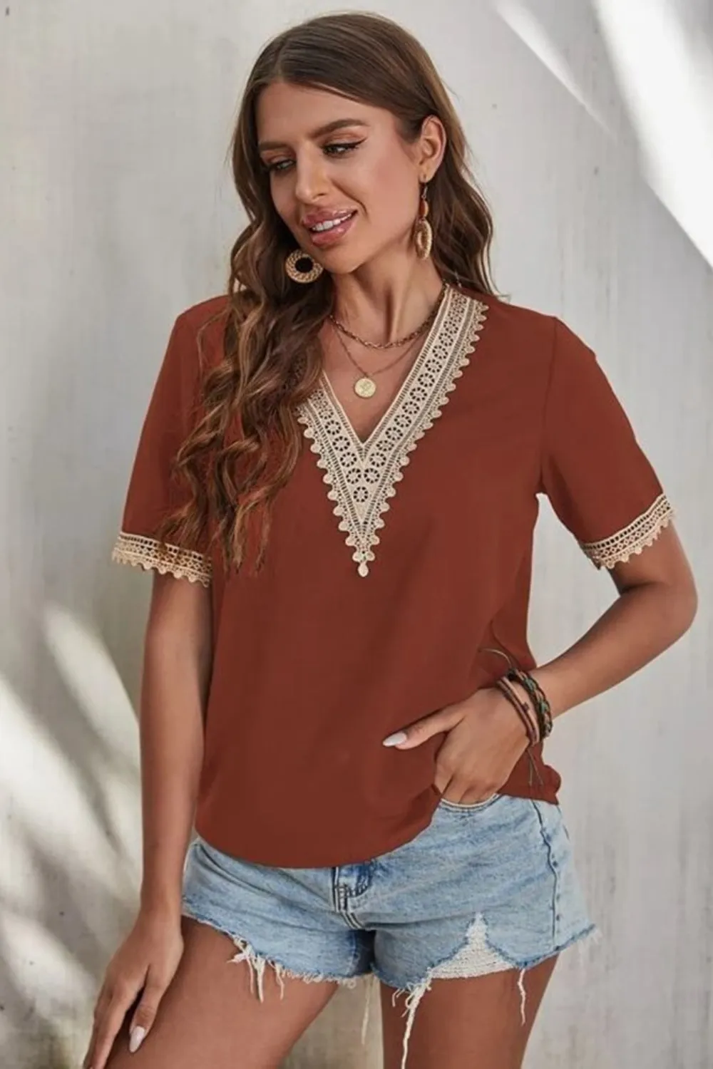 Full Size Lace Detail V-Neck Short Sleeve Blouse Plus Size, image 9