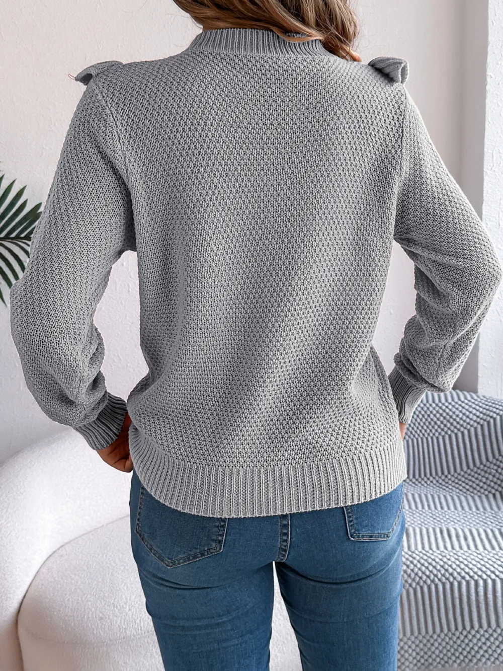 Ruffled Round Neck Long Sleeve Sweater, image 2