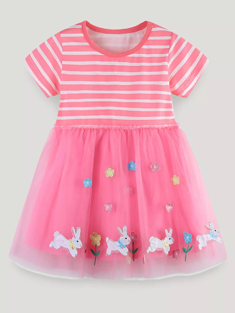 Children's Striped Tulle Dress with Bunny Applique, image 2