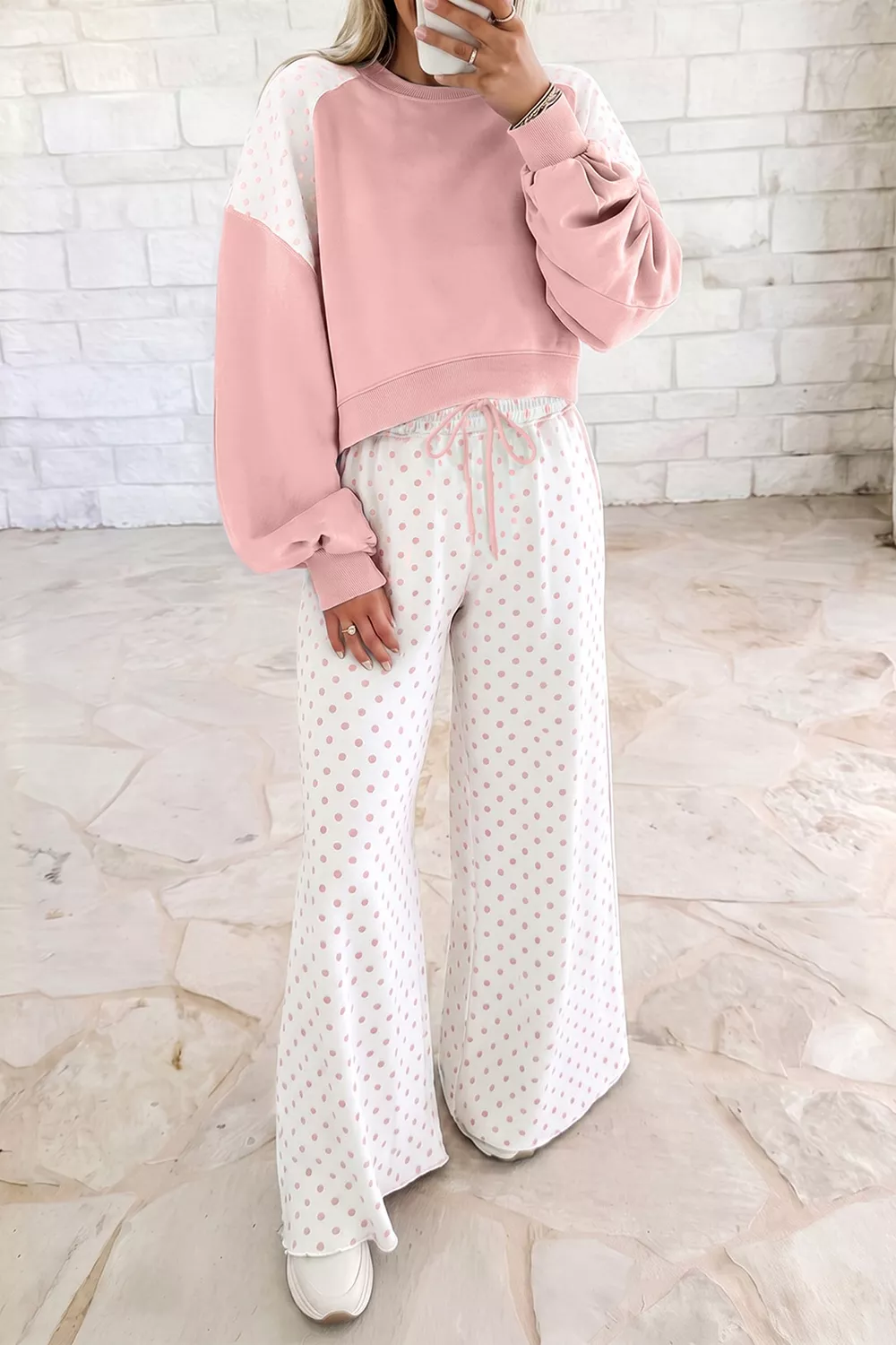 Polka Dot Cropped Sweatshirt and Wide-Leg Pants Set, image 2