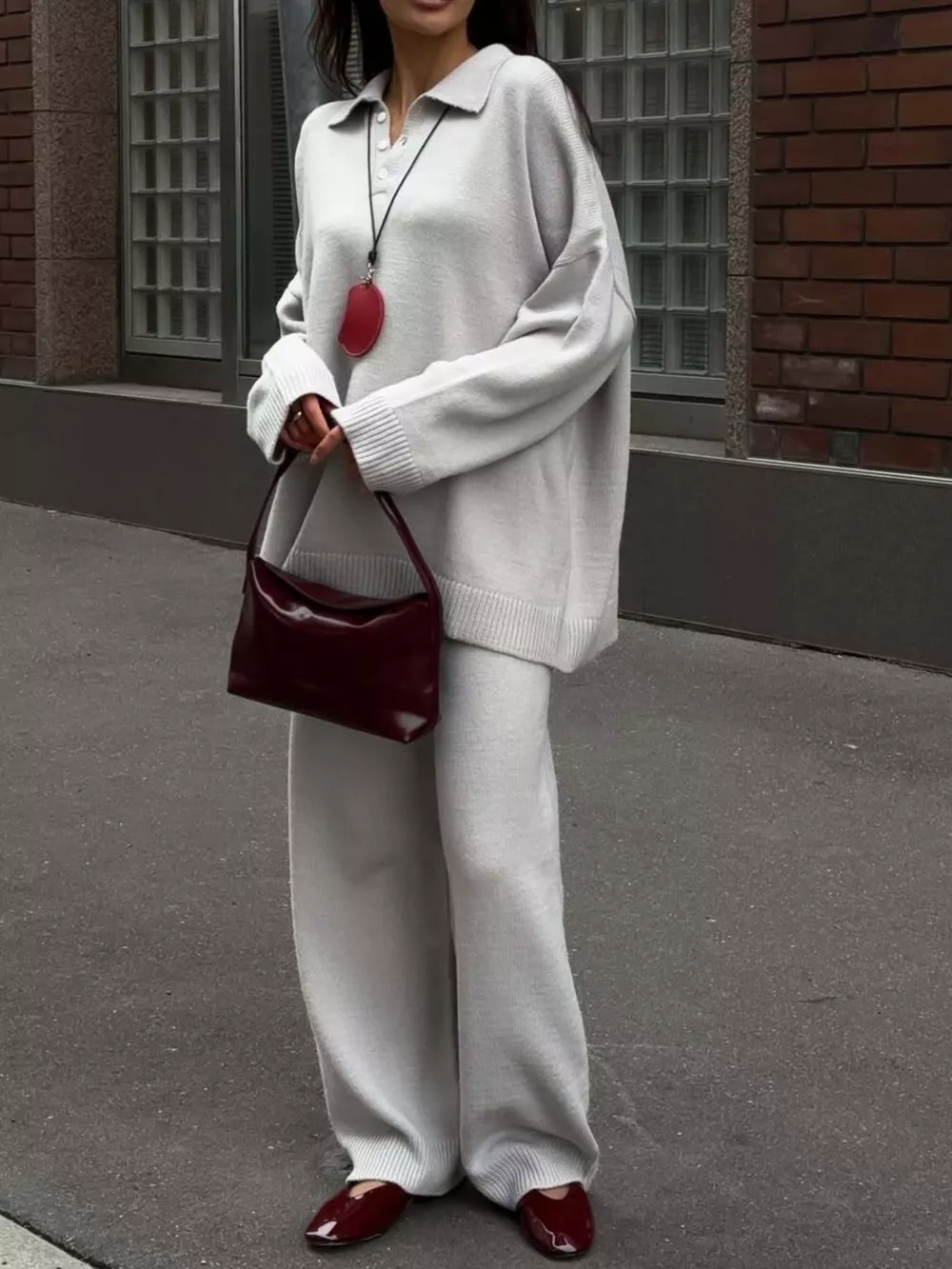 Polo Collar Top and Wide Leg Pants Knit Set, image 7