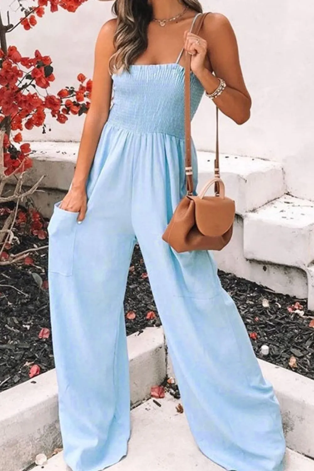 Smocked Spaghetti Strap Wide Leg Jumpsuit, image 13